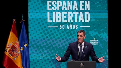 El presidente del Gobierno Pedro Sánchez interviene en el acto 'España en Libertad' en el Museo Reina Sofía en Madrid., el 8 de enero de 2024.