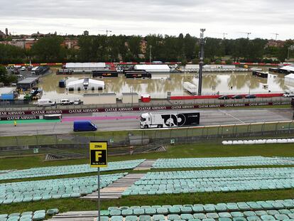 A general view of the flooded Motor racing-Imola paddock, as Santerno river levels rise due to heavy rain, ahead of the weekend's cancelled Emilia Romagna Grand Prix, in Imola, Italy, May 17, 2023. REUTERS/Jennifer Lorenzini