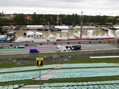 A general view of the flooded Motor racing-Imola paddock, as Santerno river levels rise due to heavy rain, ahead of the weekend's cancelled Emilia Romagna Grand Prix, in Imola, Italy, May 17, 2023. REUTERS/Jennifer Lorenzini