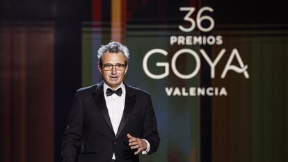 El presidente de la Academia de Cine, Mariano Barroso, durante su intervención en la 36ª gala de los Premios Goya, en el Palau de les Arts de Valencia.