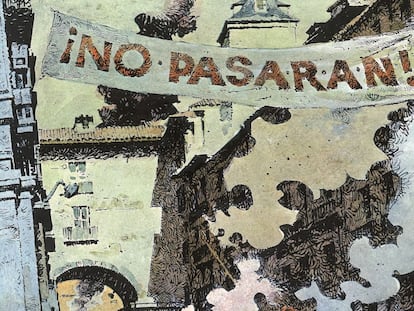 El mítico cartel de No pasarán que decoraba una de las calles aledañas a la Plaza Mayor es testigo de uno de los bombardeos a la capital en el tebeo bélico 'Manzanares', que cuenta las hazañas de Eloy, un soldado que lucha en las filas republicanas.