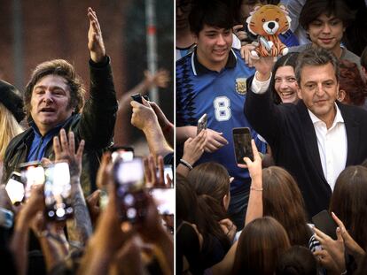 Javier Milei (izquierda) y Sergio Massa durante sus cierres de campaña, en Buenos Aires, Argentina, el 16 de noviembre de 2023.