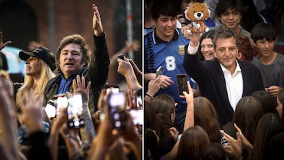 Javier Milei (izquierda) y Sergio Massa durante sus cierres de campaña, en Buenos Aires, Argentina, el 16 de noviembre de 2023.