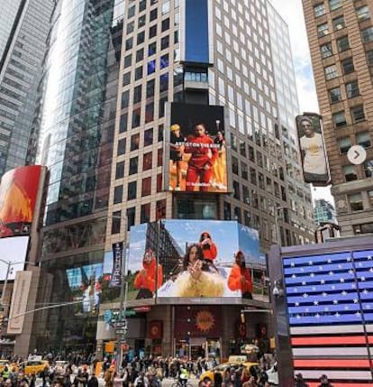 A billboard promoting Rosalía's new album in Times Square, New York.