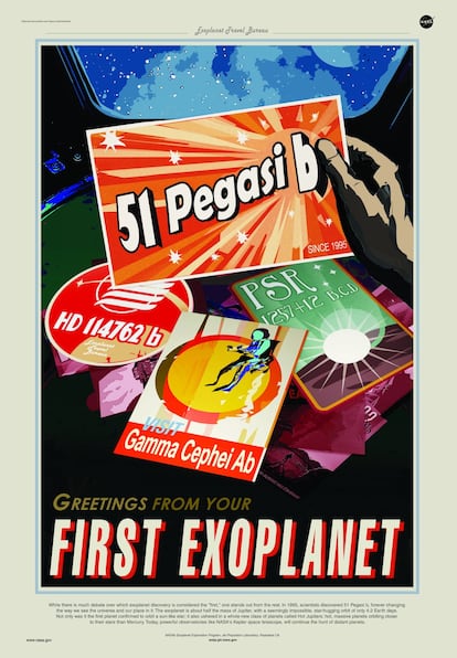 Han pasado 20 años del descubrimiento del primer planeta extrasolar y para celebrarlo la agencia aeroespacial americana ha publicado 14 carteles turísticos para fomentar los viajes a otros satélites y planetas. Los carteles tienen un aire marcadamente vintage y se complementan con una herramienta web, también de divulgación científica, para recomendar los mejores destinos. La Nasa ha creado incluso su propia agencia de viajes. Bienvenidos a la Oficina de Turismo Extraplanetario de la Nasa.  Para los exoturistas más ordenados, 51 Pegasi b puede ser una opción. Fue el primer planeta extrasolar en ser descubierto, allá por 1995. Eso sí, prepárense los turistas a padecer temperaturas achicharraentes: está tan cerca de su estrella que apenas le lleva algo más de cuatro días en circundarla. También hay que prescindir del capricho de un suelo sólido sobre el que caminar. "Hemos escogido los destinos basándonos en lugares que la Nasa podría estudiar a lo largo de la próxima década", señala Dan Goods, uno de los diseñadores de The Studio, la empresa encargada de realizar los pósters para el Jet Propulsion Laboratory de la agencia aeroespacial americana. "Una vez escogidos los planetas, intentamos buscar una característica del destino que fuera especial para contar la historia y transmitir a la gente la sensación de estar allí". En el proyecto han trabajado nueve diseñadores e ilustradores.