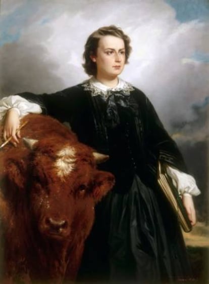 Retrato de Rosa Bonheur, Édouard Louis Dubufe (1819-1883). La artista tuvo que pedir a las autoridades un "permiso de travestismo" para poder llevar pantalones a los establos. |