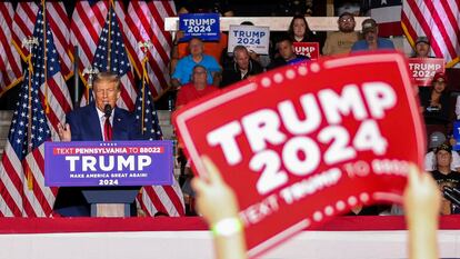 Former U.S. President and Republican presidential candidate Donald Trump looks on as he speaks during a campaign rally in Erie, Pennsylvania, U.S., July 29, 2023.