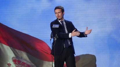 El líder del PP, Pablo Casado, durante su discurso en el inicio de campaña.