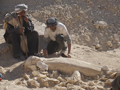 El capataz Alí Farouk El-Quiftauy (izquierda) junto al ataúd de madera descubierto en Dra Abu el-Naga.