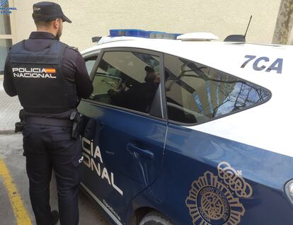 Un agente de la Policía Nacional de espaldas, junto a un coche patrulla.