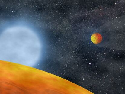 Ilustración de los dos planetas que han sobrevivido a una estrella en su fase de gigante roja.