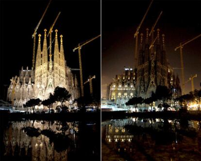 La Sagrada Familia de Barcelona, antes y después del apagón.