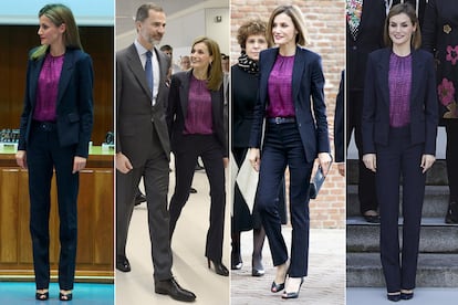 Mismo traje y misma blusa hasta en cuatro ocasiones. El primero es de Carolina Herrera y el top lo firma Hugo Boss. Dos piezas que la Reina se resiste a lucir por separado.