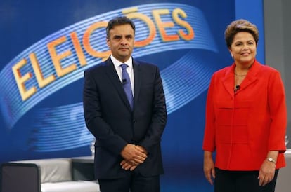 Neves y Rousseff, antes de su &uacute;ltimo debate.