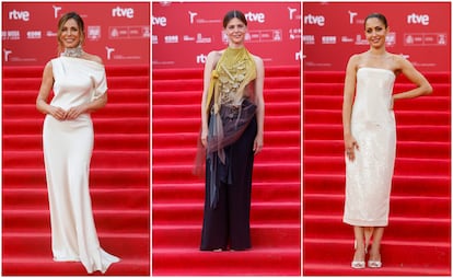 De izquierda a derecha, las actrices Lydia Bosch, Manuela Velasco e Hiba Abouk, en la alfombra roja previa a los premios de la Academia Española de la Moda.