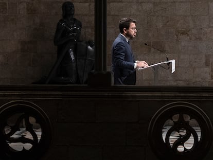 El presidente catalán, Pere Aragonès, durante su comparecencia en el Palau de la Generalitat, el miércoles.
