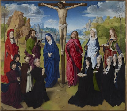 'Crucifixión con santos y donantes', atribuida al círculo de Hugo van der Goes.