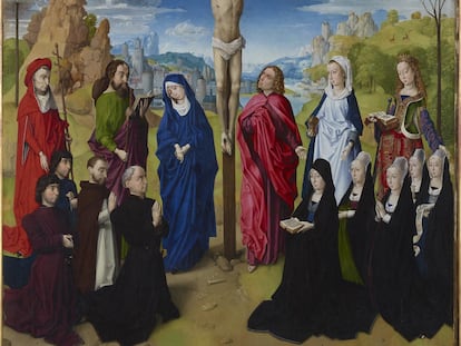 'Crucifixión con santos y donantes', atribuida al círculo de Hugo van der Goes.