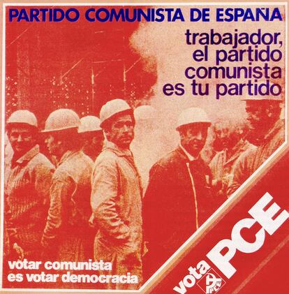 El Partido Comunista fue la tercera fuerza política de la Transición con un mensaje con reminiscencias soviéticas, con el rojo manchando toda la imagen, en la que solo figuran una cuadrilla de obreros con su correspondiente casco. "Aunque es un color cálido, el PCE lo utilizaba más bien con un sentido reivindicativo empleando un rojo fuego con una clara influencia de la propaganda de la URSS en el que se llama a la acción", expone Juan Víctor Izquierdo, cocreador de la web Archivo Electoral, la recopilación de material electoral más grande del mundo. En la actualidad, la psicología del rojo transmite cierta agresividad. Los estrategas de la campaña del aspirante del Partido Socialista, Alfredo Pérez Rubalcaba, lo han tenido en cuenta: no extraña ver al candidato con un fondo azul, tradicionalmente vinculado a la derecha.