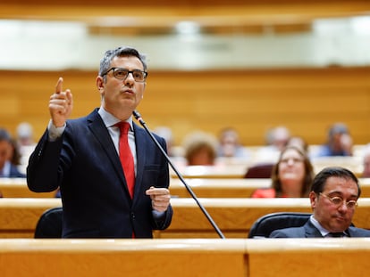 MADRID, 23/04/2024.- El ministro de Presidencia, Félix Bolaños, interviene durante la sesión de control al Gobierno celebrada por el pleno del Senado este martes en Madrid. EFE/ Rodrigo Jiménez
