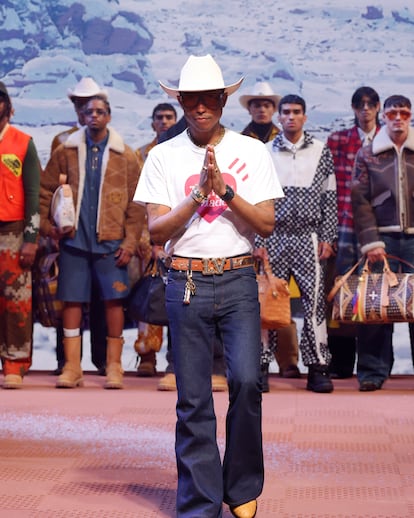 Singer Pharrell Williams, men's creative director at Louis Vuitton, after the brand's show on January 16, 2024 at Paris men's fashion week.