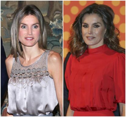 Diez años son muchos para notar los diferentes retoques que la reina Letizia se ha realizado a lo largo de este tiempo. A la izquierda, cuando aún era princesa de Asturias, y a la derecha, durante la última entrega de los premios de la Moda, el pasado diciembre. 