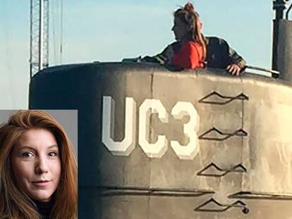 Imagem supostamente de Kim Wall e Madsen. Na foto pequena, a jornalista.