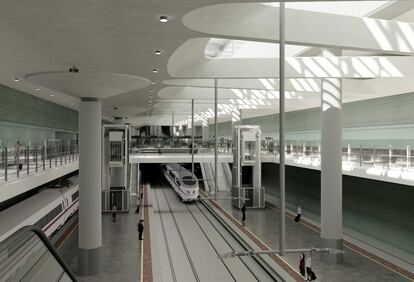 Recreación de los futuros andenes y vías de la estación pasante de Atocha, en Madrid.