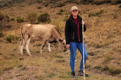 La ganadera Eva González junto a una de sus vacas, en un prado que comparte con otros vecinos cerca de Hoyos del Espino (Ávila).