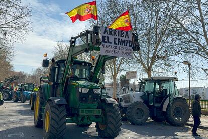 Concentración de tractores con motivo de las protestas del campo este martes, en Zafra (Badajoz).