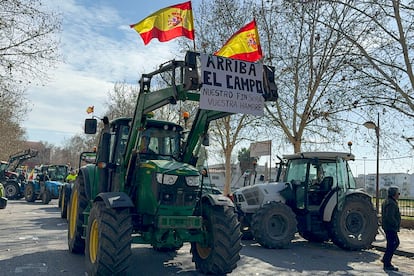 Fotografía de la concentración de tractores con motivo de las protestas del campo este martes, en Zafra (Badajoz).