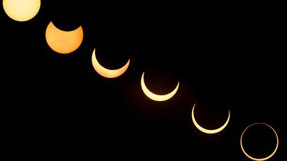 Las etapas del eclipse solar del 14 de octubre de 2023, visto desde la ciudad de Campeche (México).
