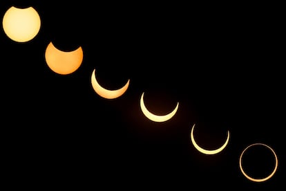 Fases del eclipse anular de sol visto desde la la zona arqueológica de Edzná, en Campeche, el 14 de octubre.