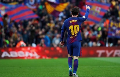 Messi celebra su gol ante el Atl&eacute;tico de Madrid en la Liga.