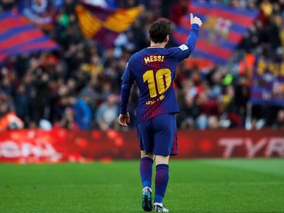 Messi celebra su gol ante el Atl&eacute;tico de Madrid en la Liga.