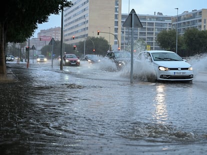 Varios vehículos transitan por la avenida Casalduch, parcialmente inundada el sábado en Castellón de la Plana.