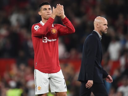 Cristiano, en el último partido del United ante Liverpool.