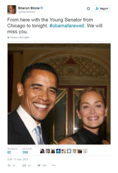 Sharon Stone compartió en Twitter una imagen junto a Barack Obama cuando todavía era un joven senador. "Te echaremos de menos", ha afirmado la actriz.