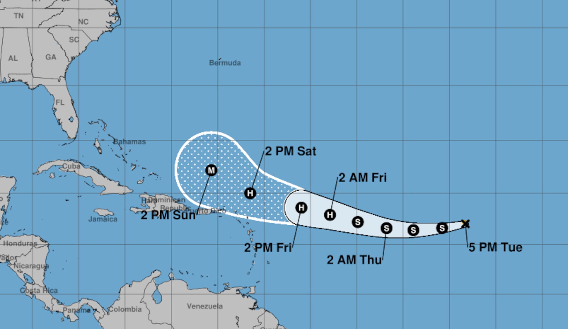 Mapa de predicción de la trayectoria de la tormenta tropical Erin.