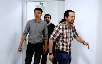 De izquierda a derecha, Errejón, Espinar e Iglesias.