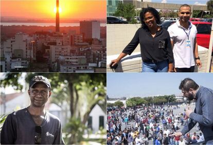 Em sentido hor&aacute;rio, panor&acirc;mica de Porto Alegre, servidores em Bras&iacute;lia, eleitor no Cear&aacute; e assembleia com trabalhadores da Mercedes.