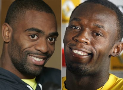 Tyson Gay, a la izquierda, y Usain Bolt