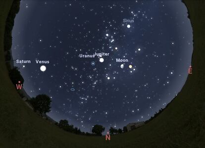 Mapa del cielo nocturno calculado para las 20.00 horas del sábado 8 de febrero desde el centro de México.