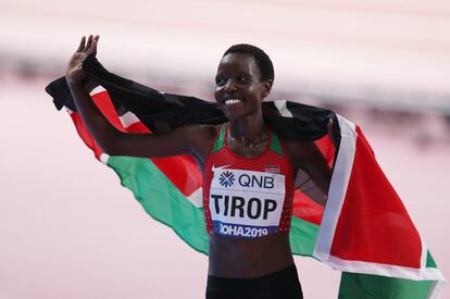 Jebet Tirop tras quedar tercera en el Campeonato Mundial de Atletismo de 2019.