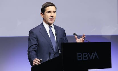 El presidente de BBVA, Carlos Torres, durante la presentación de resultados, este jueves.