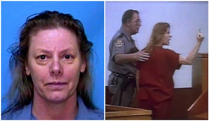 Aileen Wuornos, en una foto policial (izquierda) y  en una de sus comparecencias judiciales. 