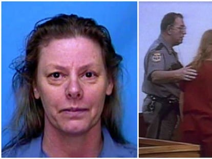 Aileen Wuornos, en una foto policial (izquierda) y  en una de sus comparecencias judiciales. 