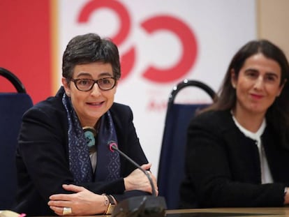 La ministra de Exteriores, Arancha González Laya, durante su visita a la sede de la Agencia Española de Cooperación Internacional.