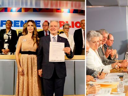 Santiago Creel junto a su esposa, Paulina Velasco, y Xóchitl Gálvez durante su registro como aspirantes a la candidatura presidencial de Va Por México.