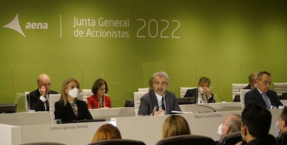 El presidente de Aena, Maurici Lucena, durante su intervención ante la junta celebrada esta mañana en Madrid.